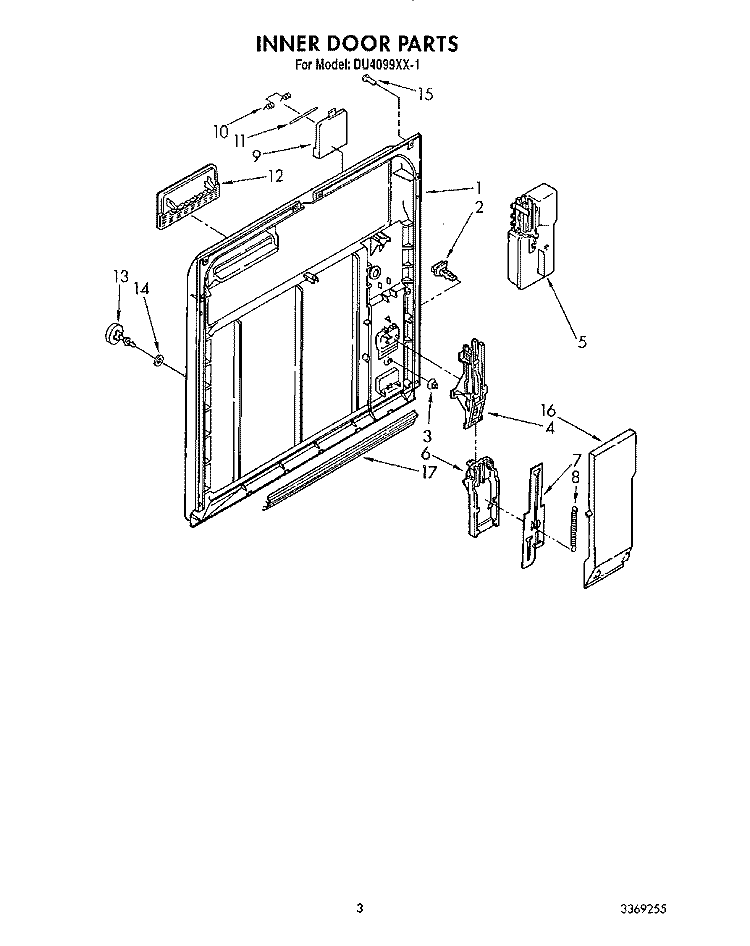 INNER DOOR Diagram and Parts List for DU4099XX1  Whirlpool Dishwasher