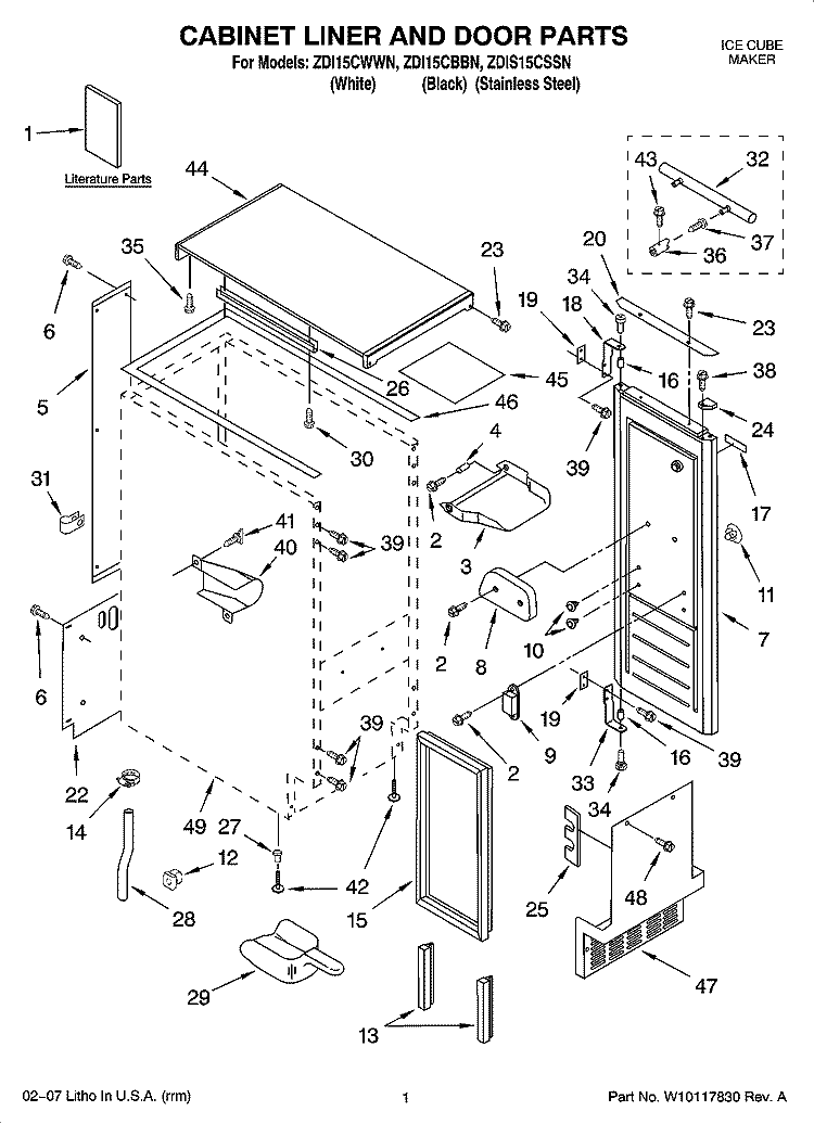 CABINET LINER AND DOOR PARTS Diagram and Parts List for ZDIS15CSSN  General Electric Ice Maker