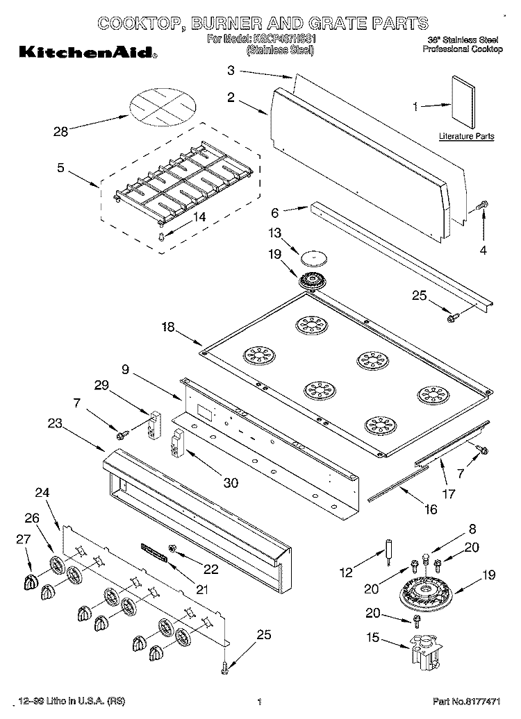COOKTOP, BURNER AND GRATE PARTS Diagram and Parts List for KGCP467HSS1  KitchenAid Cooktop