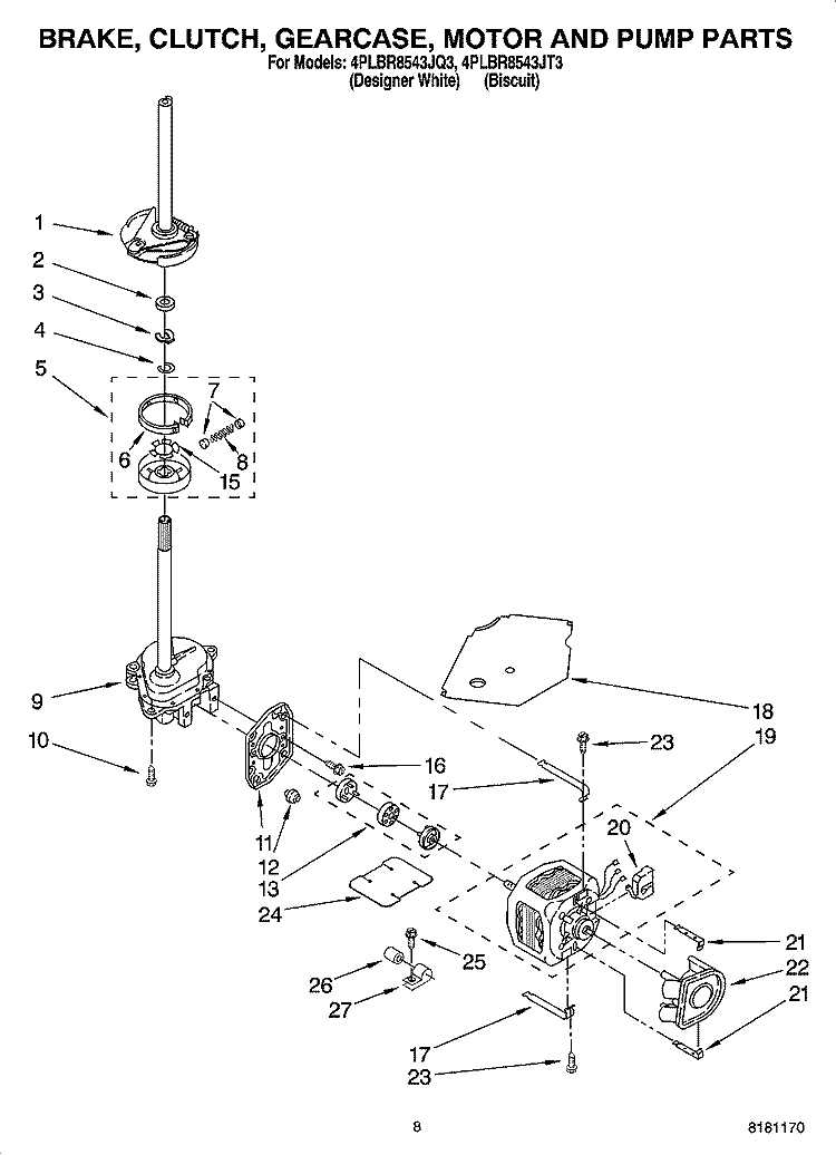 BRAKE, CLUTCH, GEARCASE, MOTOR AND PUMP PARTS Diagram and Parts List for 4PLBR8543JQ3  Whirlpool Washer