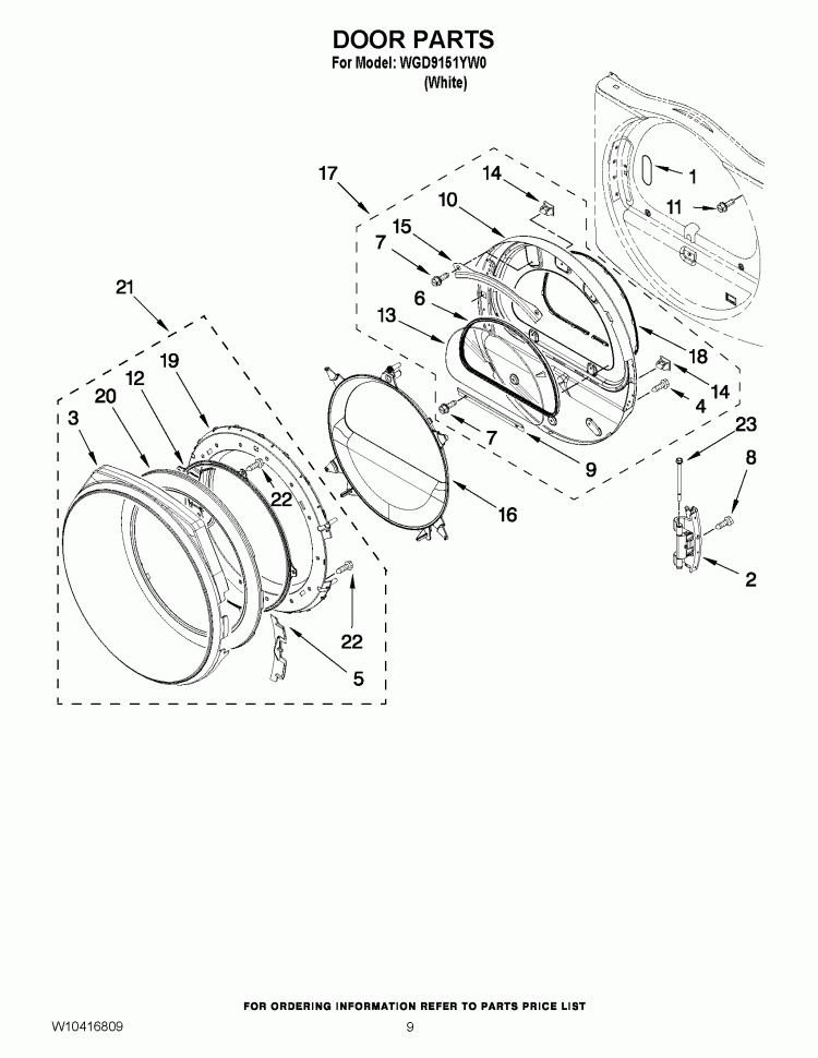 DOOR PARTS Diagram and Parts List for WGD9151YW0  Whirlpool Dryer