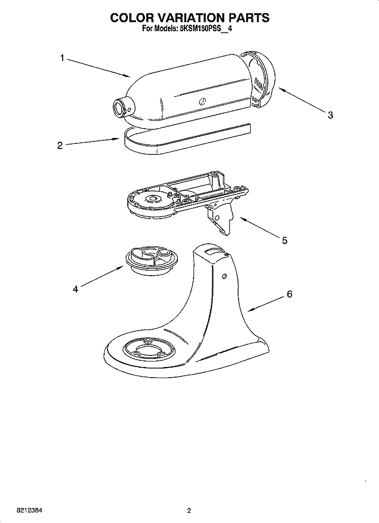 COLOR VARIATION PARTS Diagram and Parts List for 5KSM150PSSGR4  KitchenAid Mixer