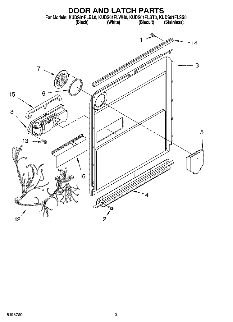 DOOR AND LATCH Diagram and Parts List for KUDS01FLBS0  Whirlpool Dishwasher