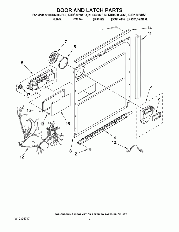 DOOR AND LATCH PARTS Diagram and Parts List for KUDK30IVSS3  Whirlpool Dishwasher