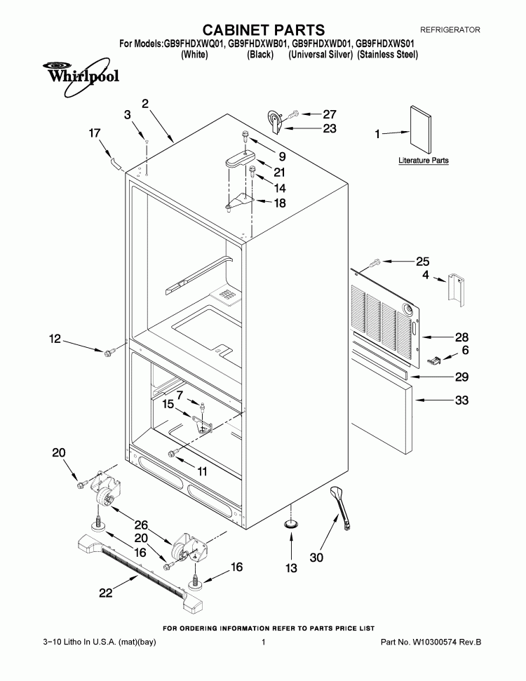 CABINET PARTS Diagram and Parts List for GB9FHDXWD01  Whirlpool Refrigerator