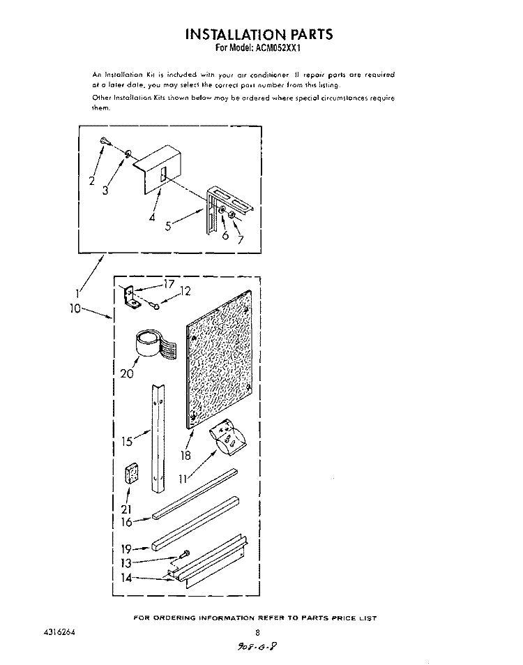 INSTALLATION Diagram and Parts List for ACM052XX1  Whirlpool Air Conditioner