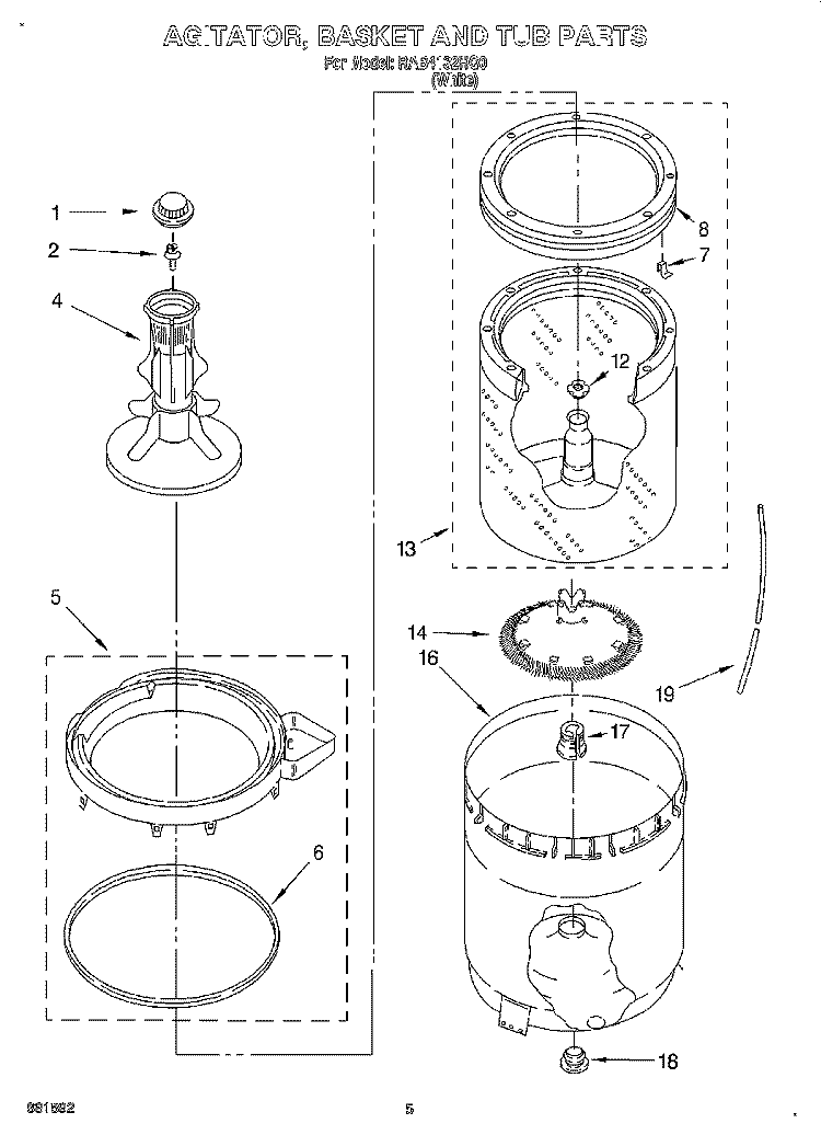 AGITATOR, BASKET AND TUB Diagram and Parts List for RAB4132HQ0  Whirlpool Washer