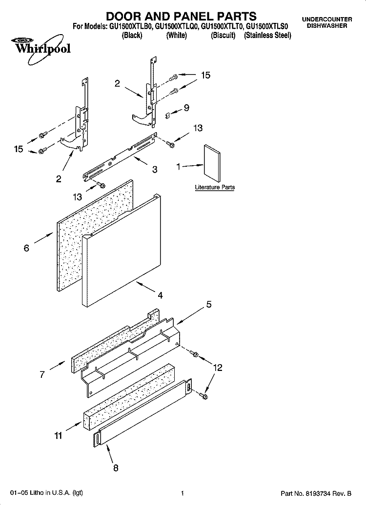 DOOR AND PANEL PARTS Diagram and Parts List for GU1500XTLB0  Whirlpool Dishwasher