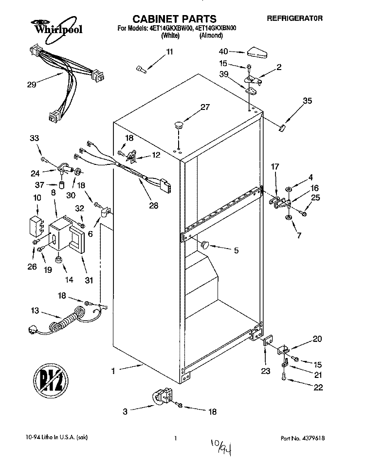 CABINET Diagram and Parts List for 4ET14GKXBW00  Whirlpool Refrigerator