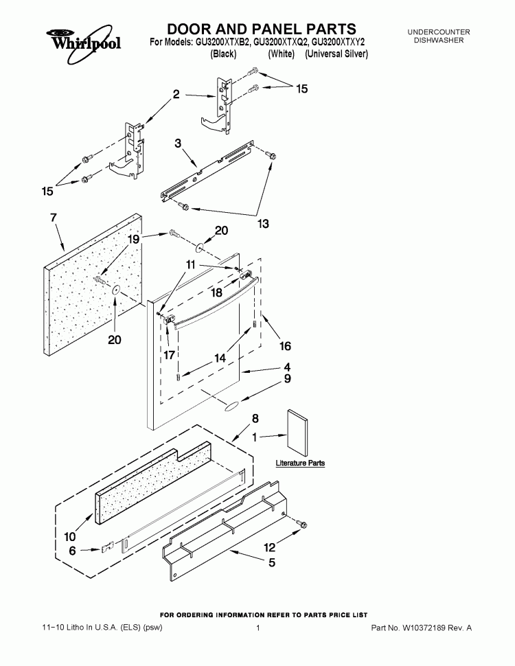 DOOR AND PANEL PARTS Diagram and Parts List for GU3200XTXB2  Whirlpool Dishwasher