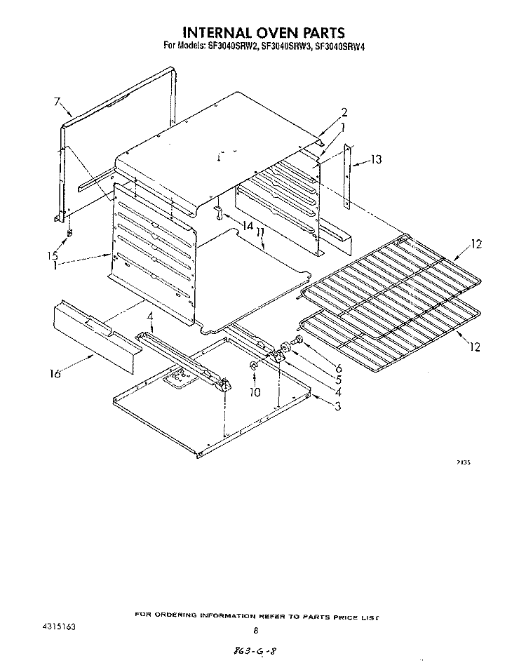 INTERNAL OVEN Diagram and Parts List for SF3040SRW2  Whirlpool Range
