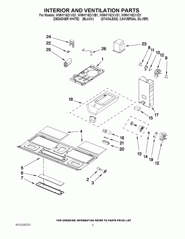 INTERIOR AND VENTILATION PARTS Diagram and Parts List for WMH1162XVD1  Whirlpool Microwave