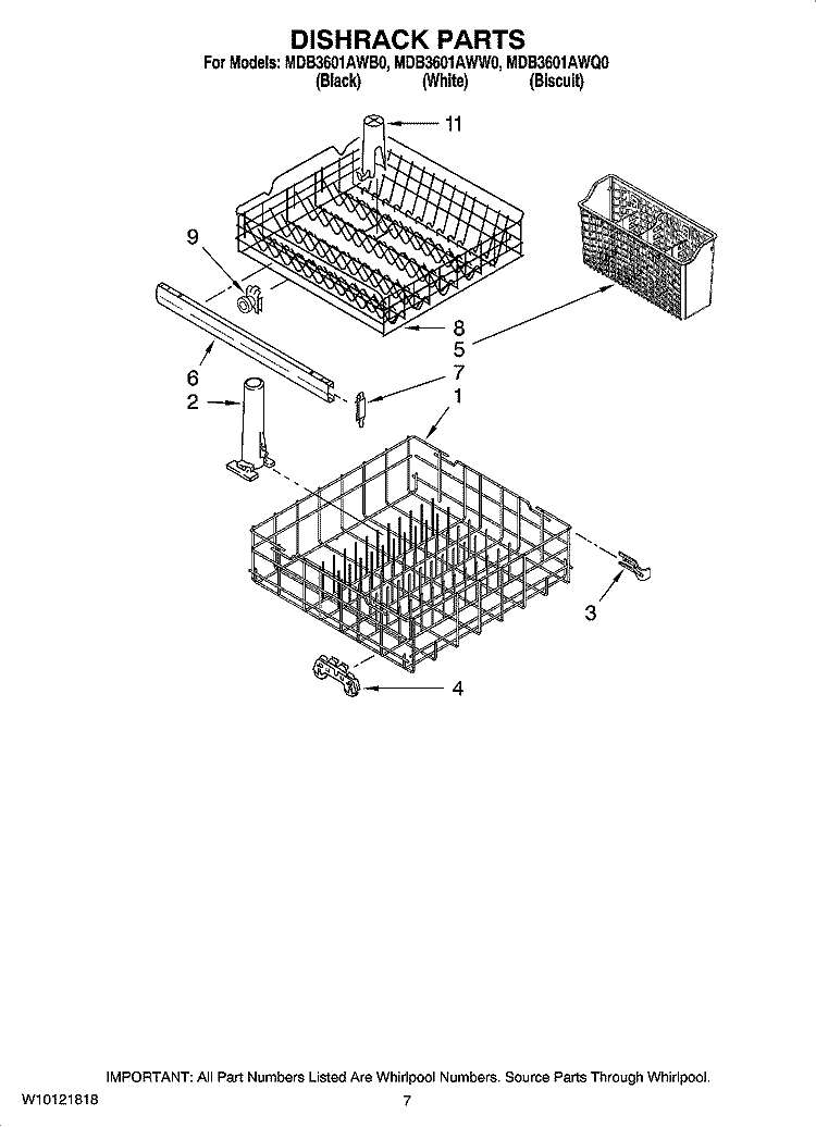 DISHRACK PARTS, OPTIONAL PARTS (NOT INCLUDED) Diagram and Parts List for MDB3601AWW0  Whirlpool Dishwasher