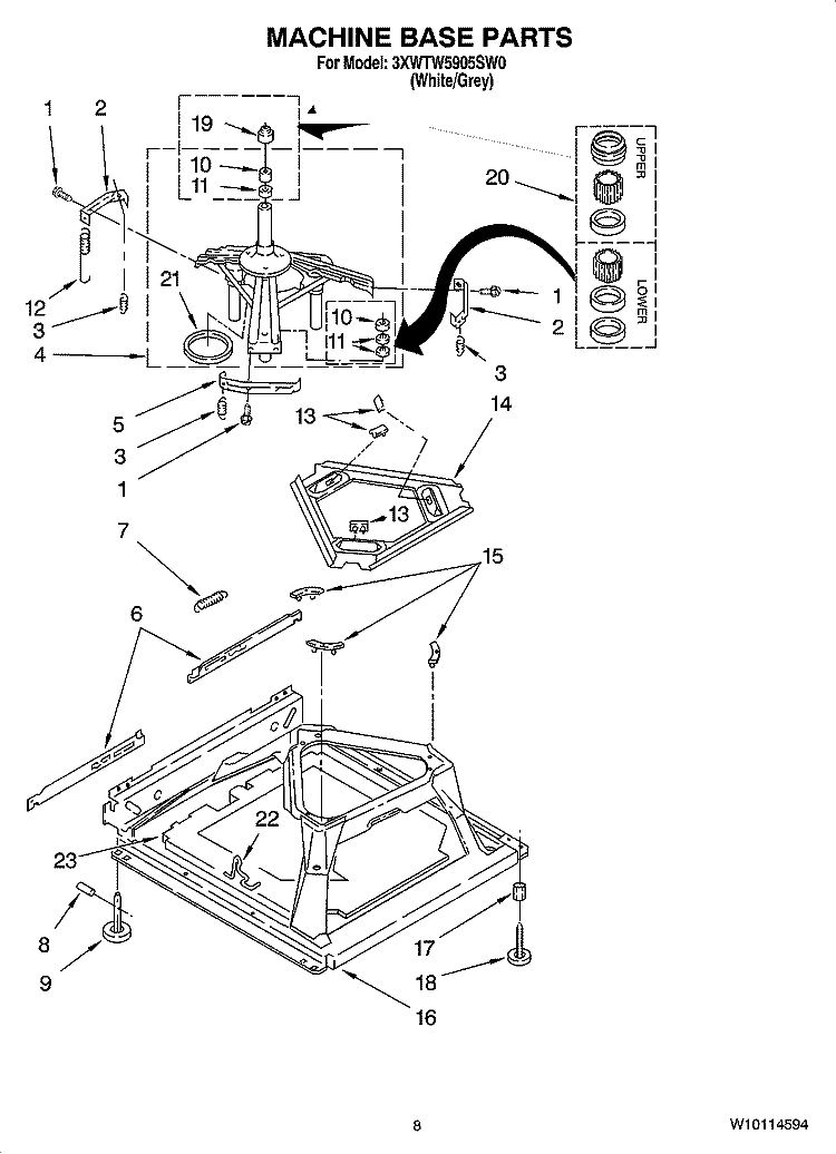 MACHINE BASE PARTS Diagram and Parts List for 3XWTW5905SW0  Whirlpool Washer