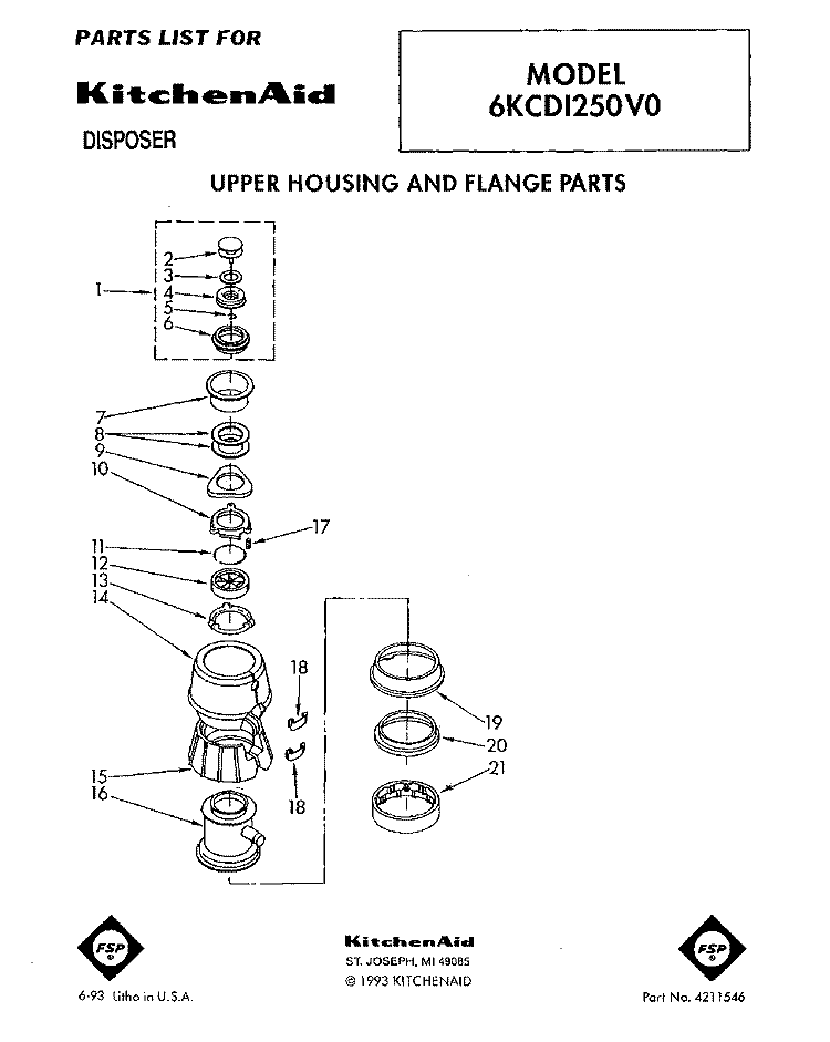 SECTION Diagram and Parts List for 6KCDI250V0  KitchenAid Food Waste Disposer