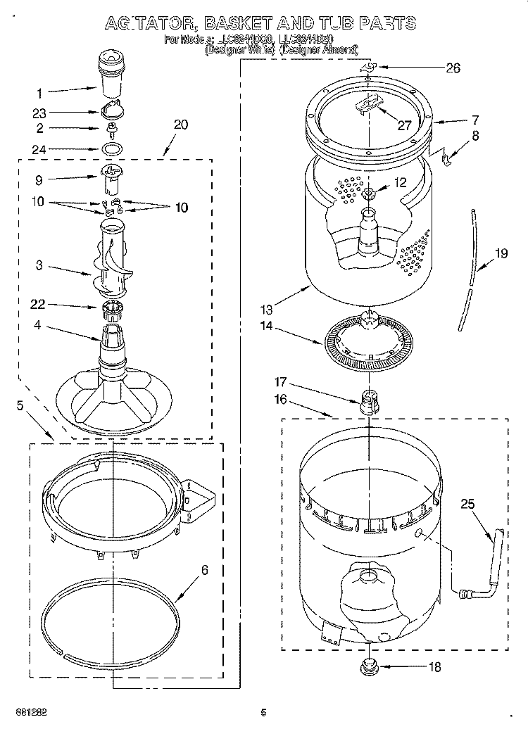 AGITATOR, BASKET AND TUB Diagram and Parts List for LLC8244DQ0  Whirlpool Washer
