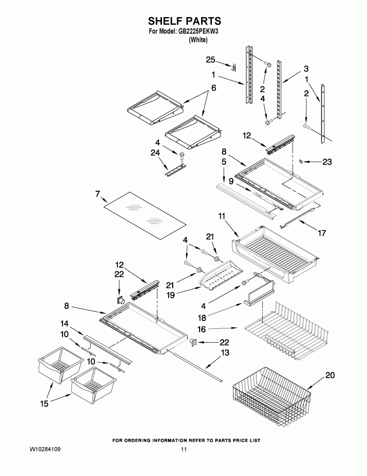 SHELF PARTS Diagram and Parts List for GB2225PEKW3  Whirlpool Refrigerator