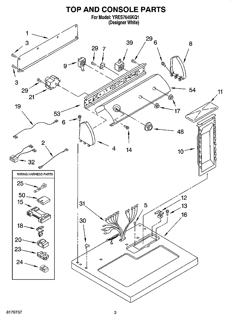 TOP AND CONSOLE PARTS Diagram and Parts List for YRES7645KQ1  Roper Dryer