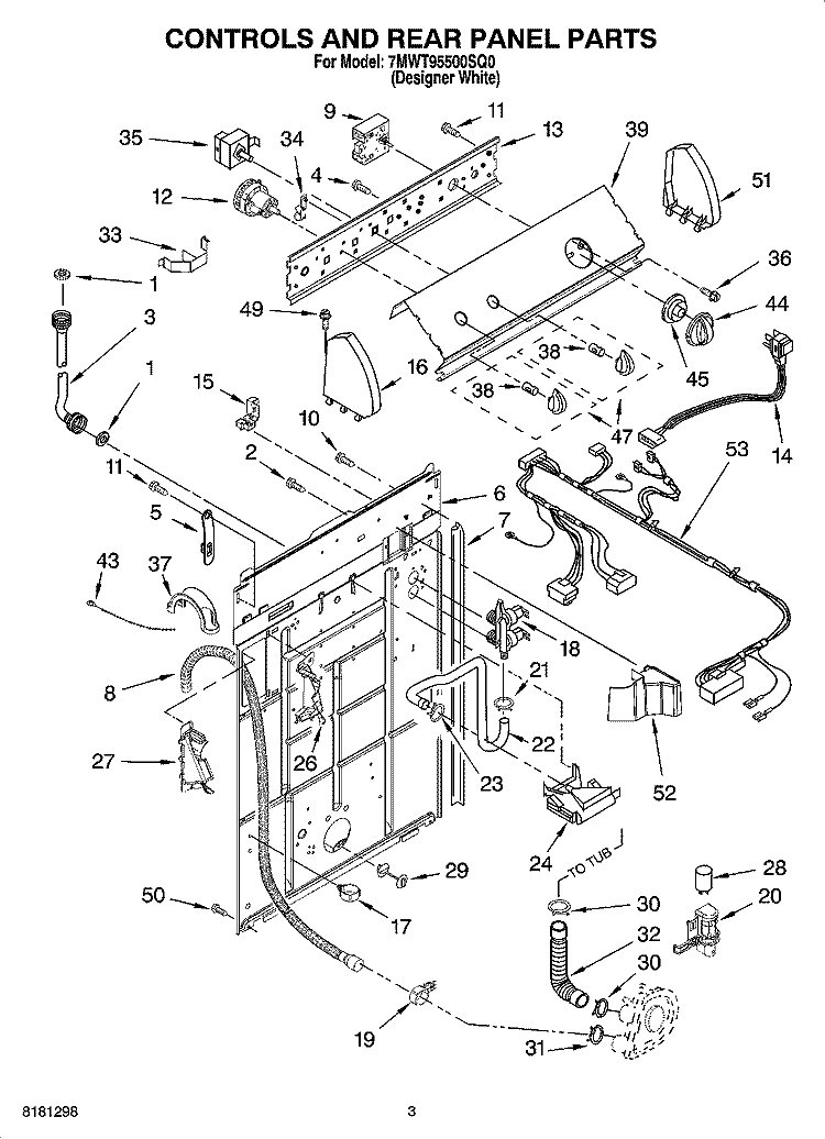 CONTROLS AND REAR PANEL PARTS Diagram and Parts List for 7MWT95500SQ0  Whirlpool Washer