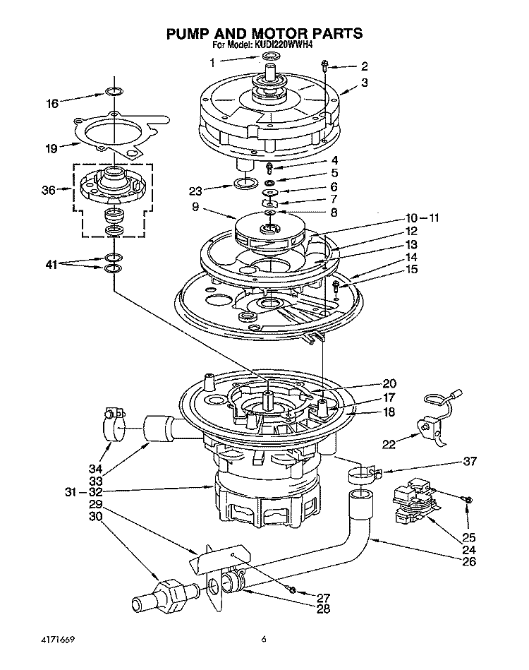 PUMP AND MOTOR Diagram and Parts List for KUDI220WWH4  KitchenAid Dishwasher