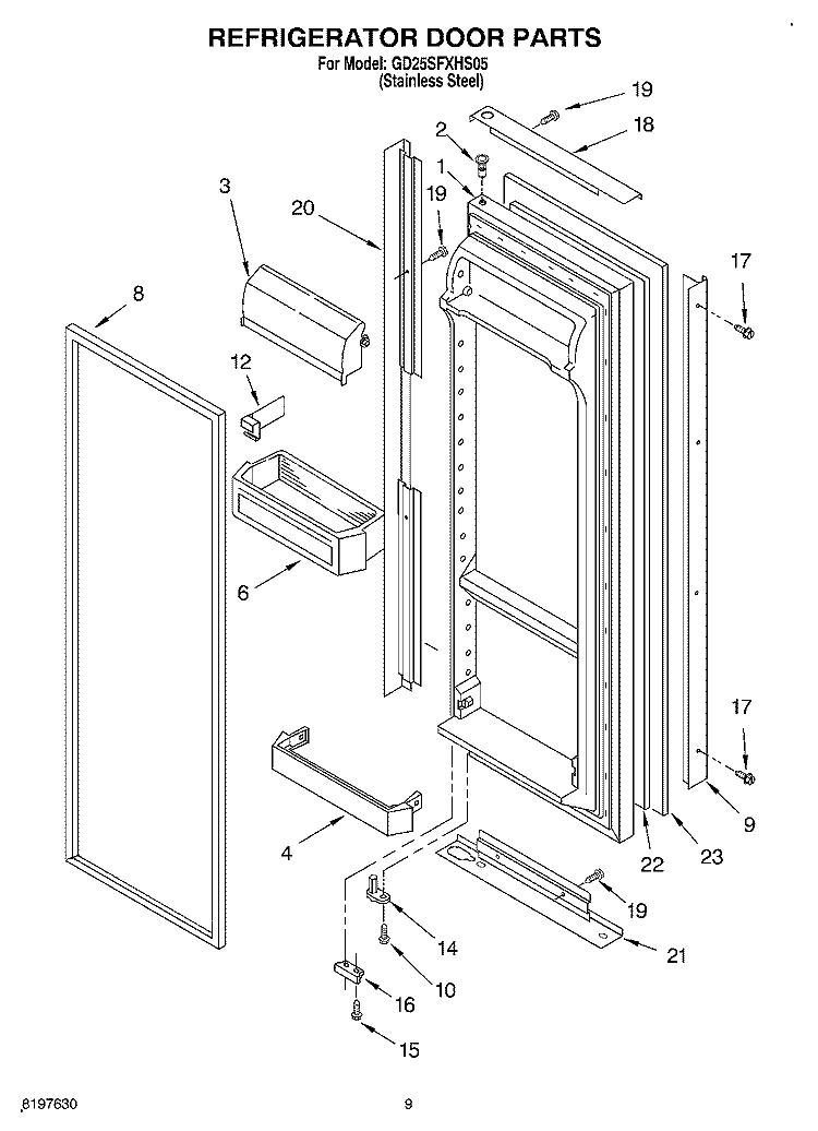 REFRIGERATOR DOOR Diagram and Parts List for GD25SFXHS05  Whirlpool Refrigerator