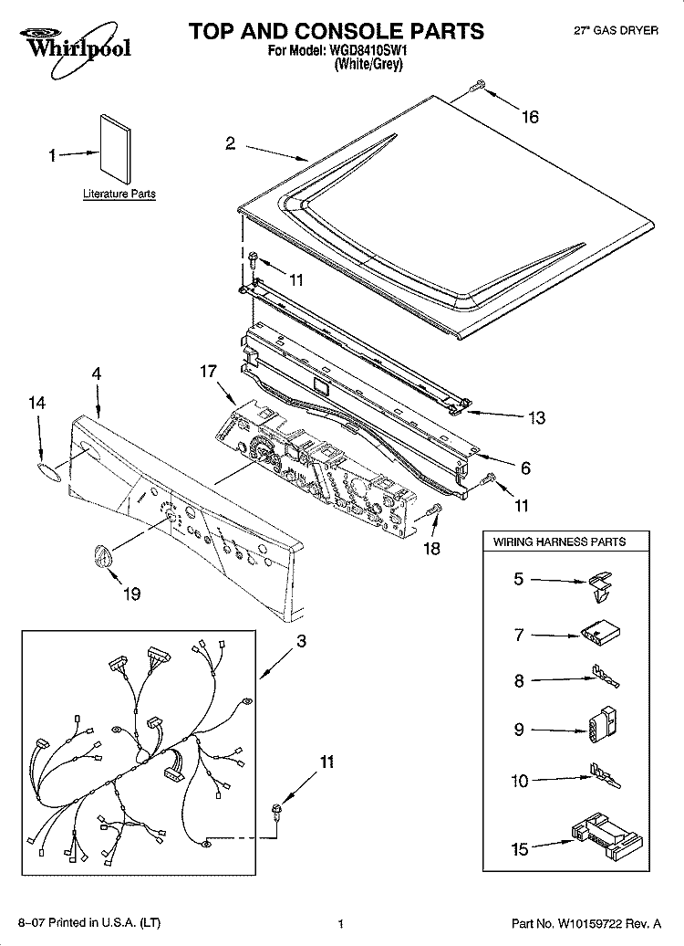 TOP AND CONSOLE PARTS Diagram and Parts List for WGD8410SW1  Whirlpool Dryer