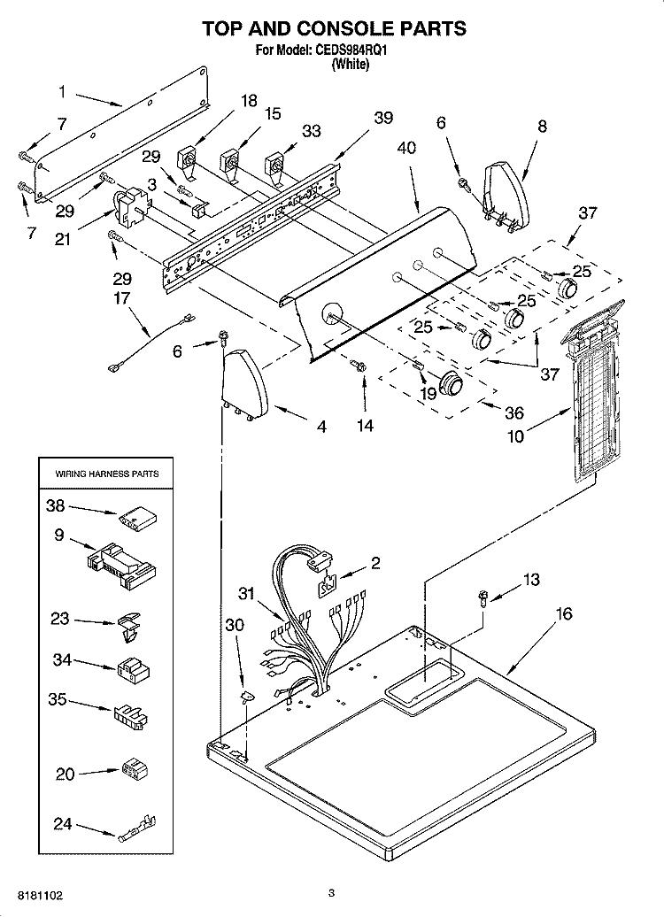 TOP AND CONSOLE PARTS Diagram and Parts List for CEDS984RQ1  Crosley Dryer