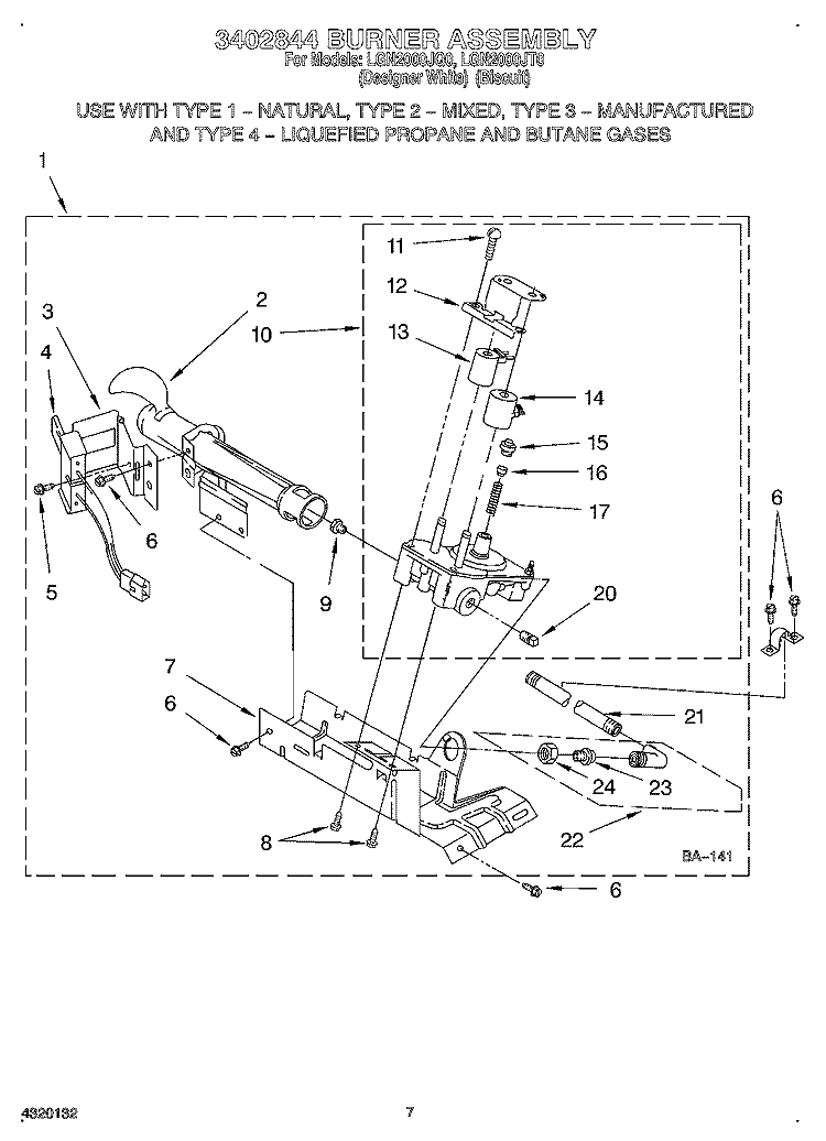 3402844 BURNER Diagram and Parts List for LGN2000JT0  Whirlpool Dryer