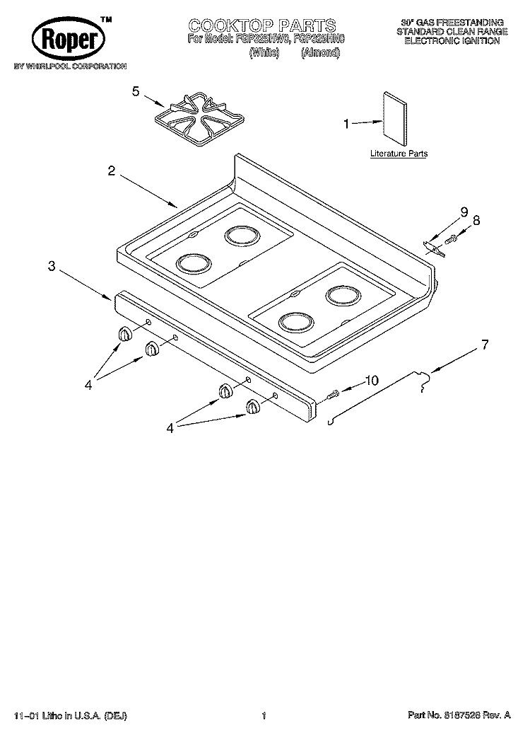 COOKTOP, LITERATURE Diagram and Parts List for FGP325HN0  Roper Range