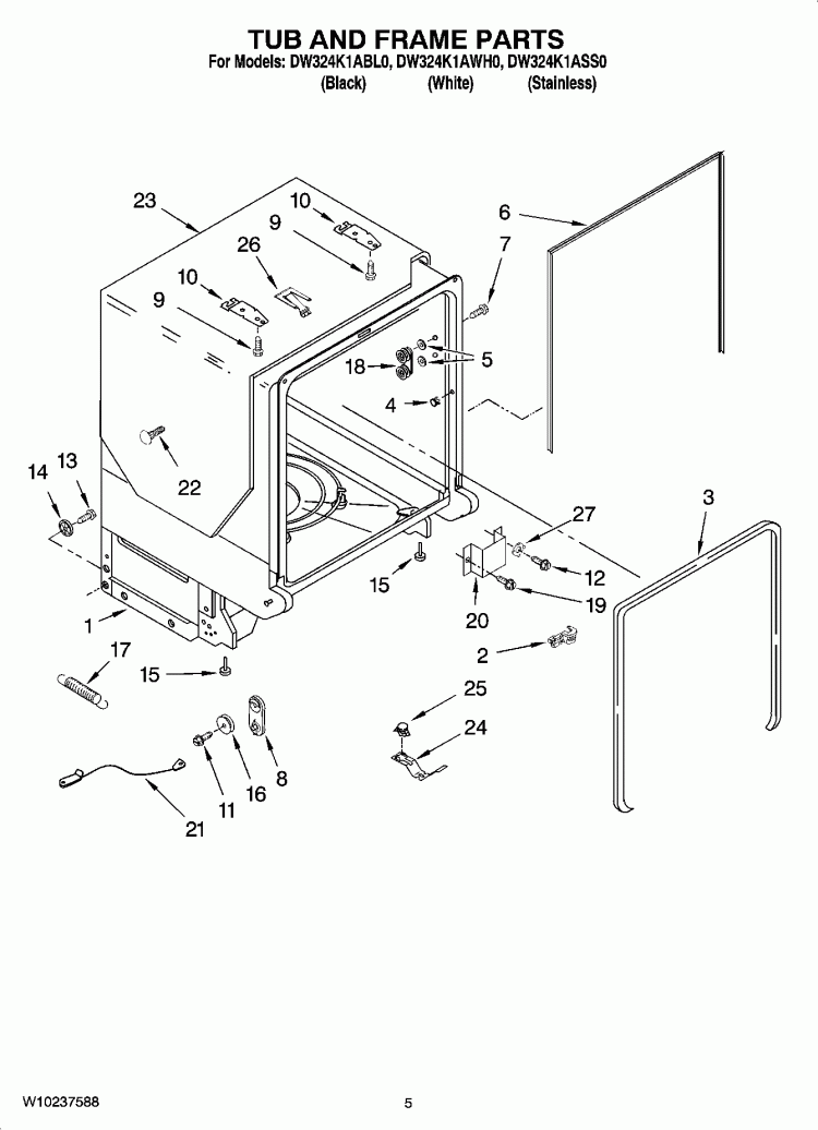TUB AND FRAME PARTS Diagram and Parts List for DW324K1ABL0  Whirlpool Dishwasher