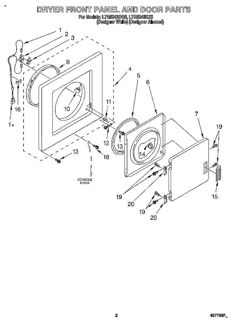 DRYER FRONT PANEL AND DOOR Diagram and Parts List for LTG5243DQ0  Whirlpool Washer Dryer Combo