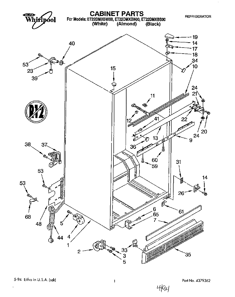 CABINET Diagram and Parts List for ET22DMXBB00  Whirlpool Refrigerator