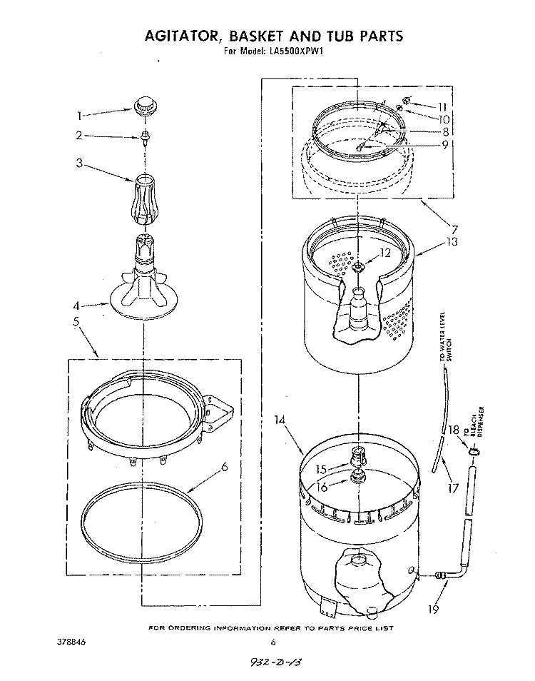 AGITATOR, BASKET AND TUB Diagram and Parts List for LA5500XPW1  Whirlpool Washer