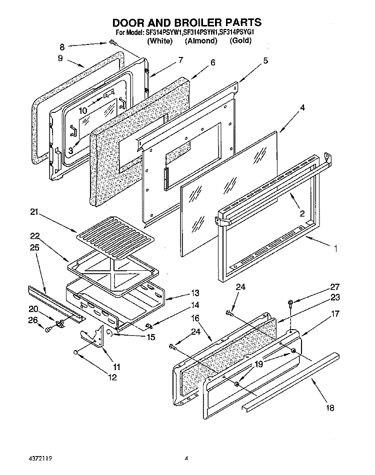 DOOR AND BROILER Diagram and Parts List for SF314PSYG1  Whirlpool Range