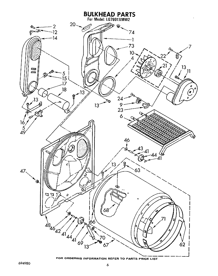 BULKHEAD Diagram and Parts List for LG7801XMW2  Whirlpool Dryer
