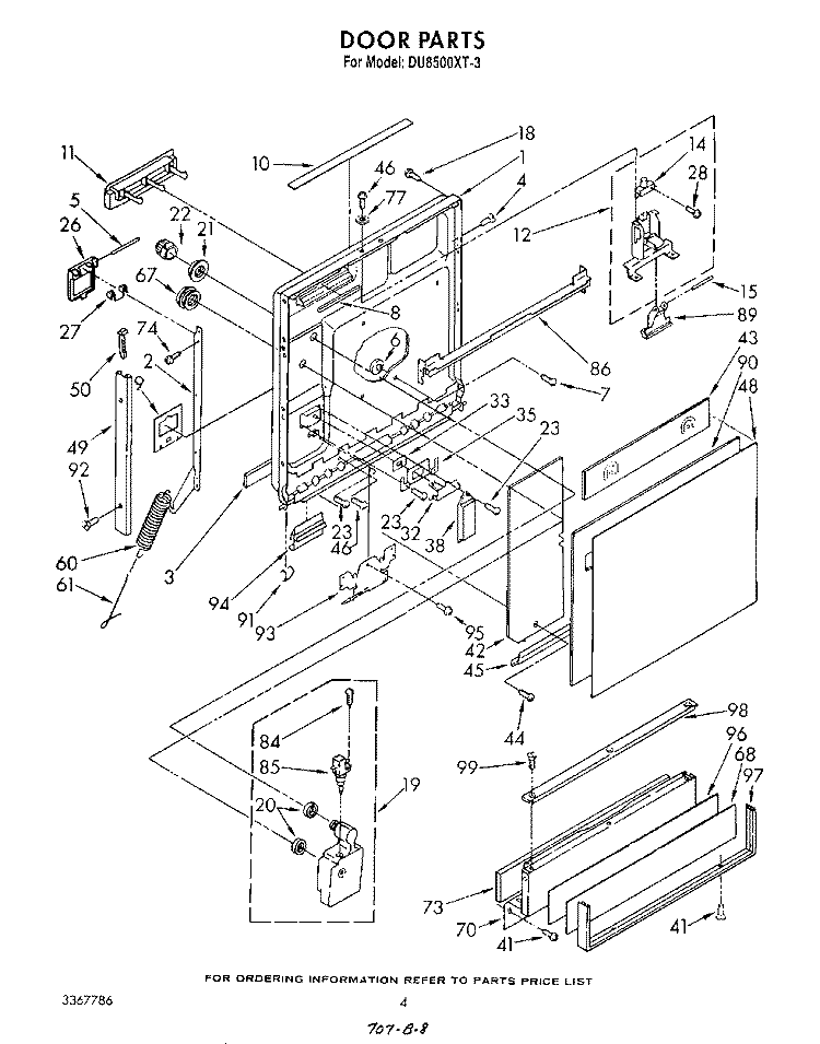 DOOR Diagram and Parts List for DU8500XT3  Whirlpool Dishwasher