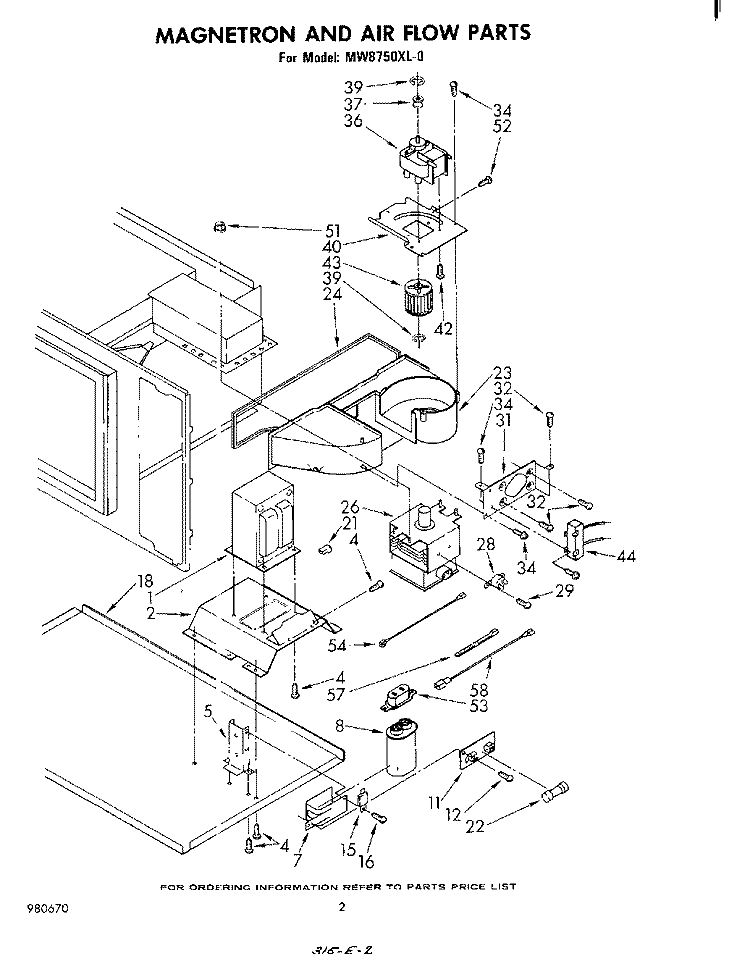 MAGNETRON AND AIR FLOW Diagram and Parts List for MW8750XL0  Whirlpool Microwave