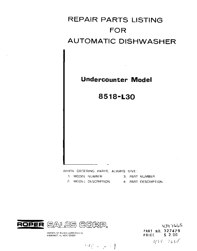 CONSOLE PANEL Diagram and Parts List for 8518L30  Roper Dishwasher