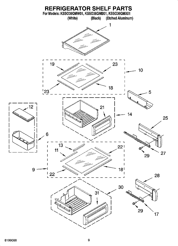REFRIGERATOR SHELF PARTS Diagram and Parts List for KSSO36QMB01  KitchenAid Refrigerator