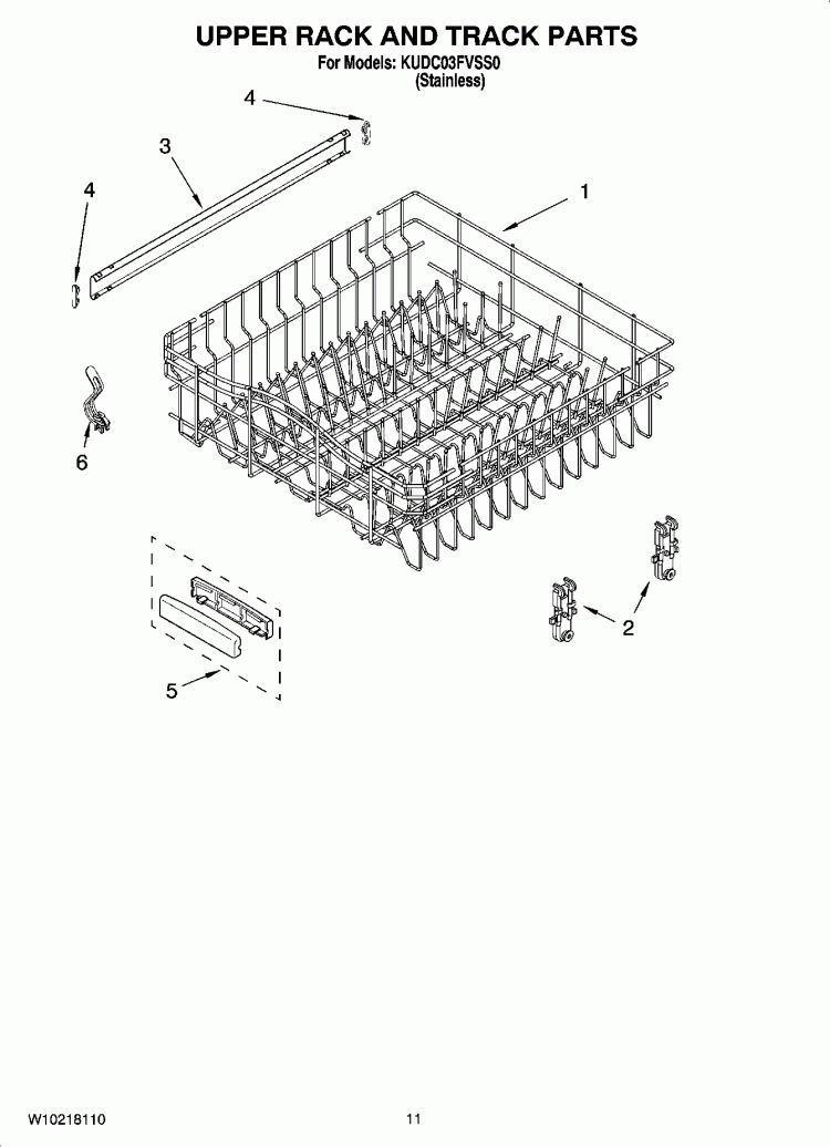 UPPER RACK AND TRACK PARTS Diagram and Parts List for KUDC03FVSS0  KitchenAid Dishwasher