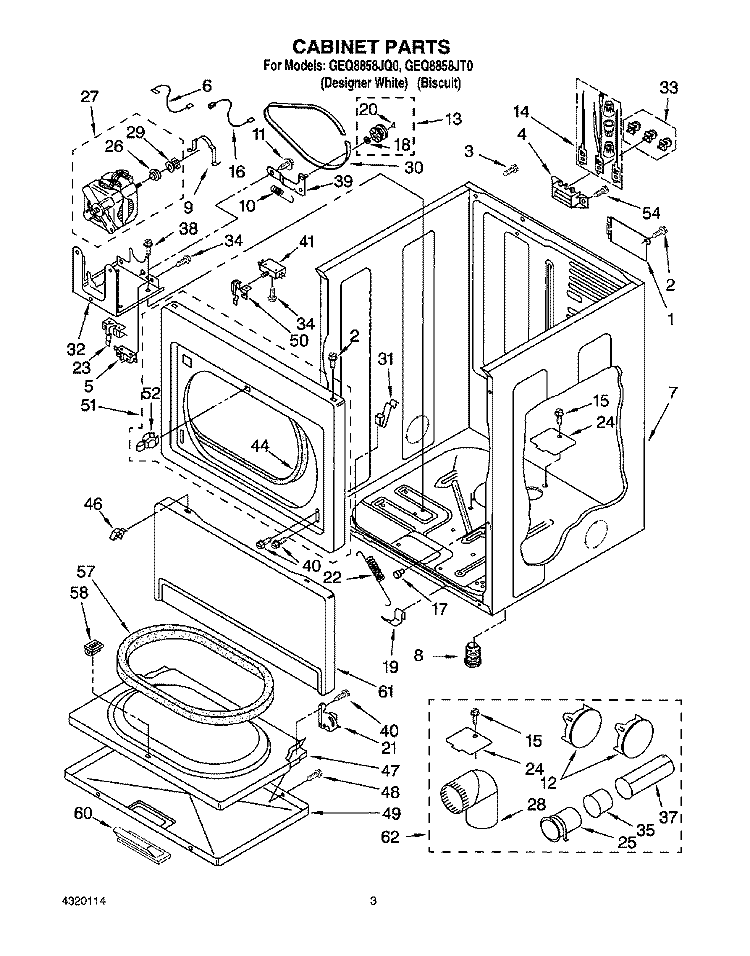 CABINET PARTS Diagram and Parts List for GEQ8858JT0  Whirlpool Dryer