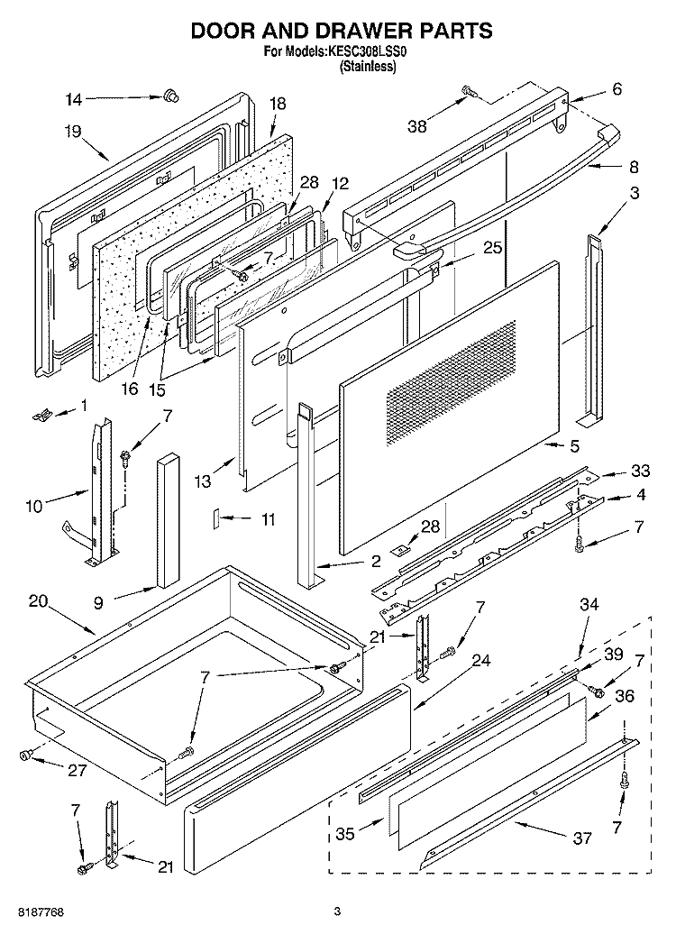 DOOR AND DRAWER PARTS Diagram and Parts List for KESC308LSS0  KitchenAid Range