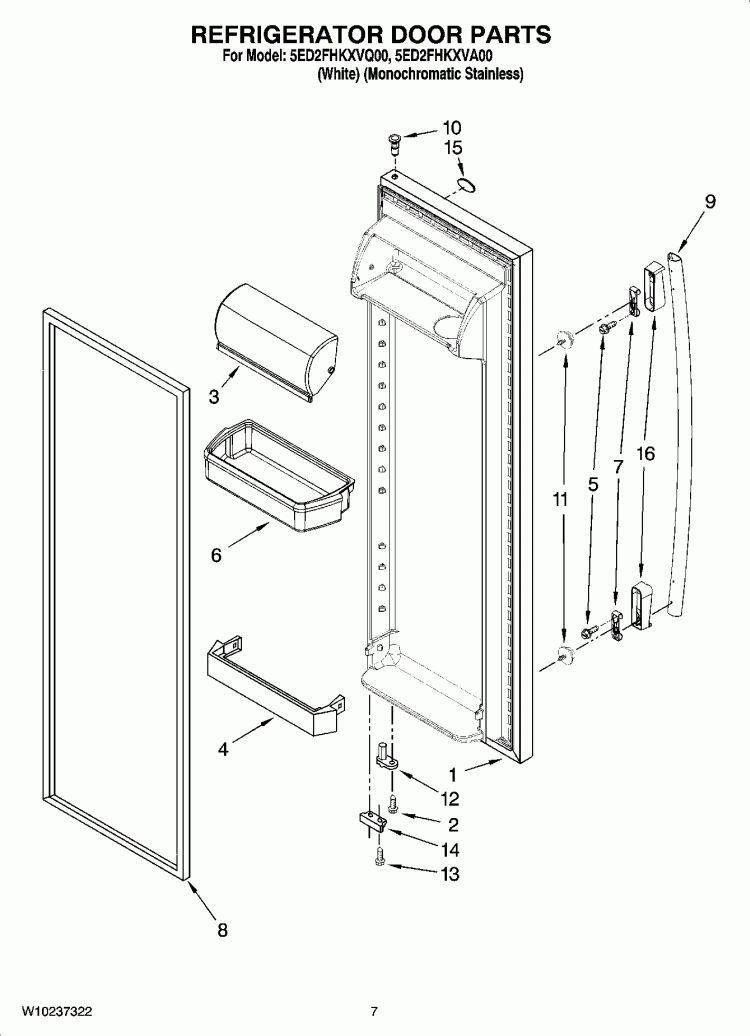 REFRIGERATOR DOOR PARTS Diagram and Parts List for 5ED2FHKXVQ00  Whirlpool Refrigerator