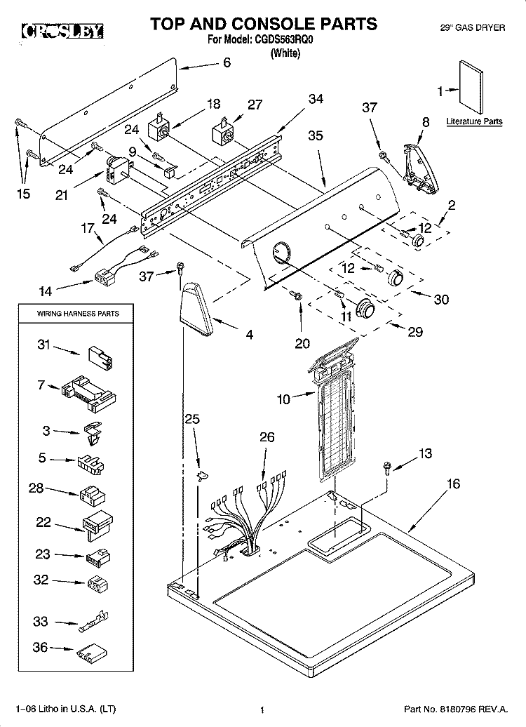 TOP AND CONSOLE PARTS Diagram and Parts List for CGDS563RQ0  Crosley Dryer