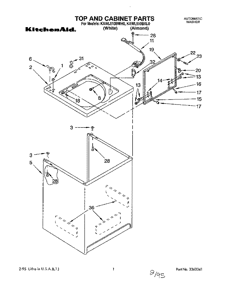 TOP AND CABINET, LIT/OPTIONAL Diagram and Parts List for KAWL510BWH0  KitchenAid Washer