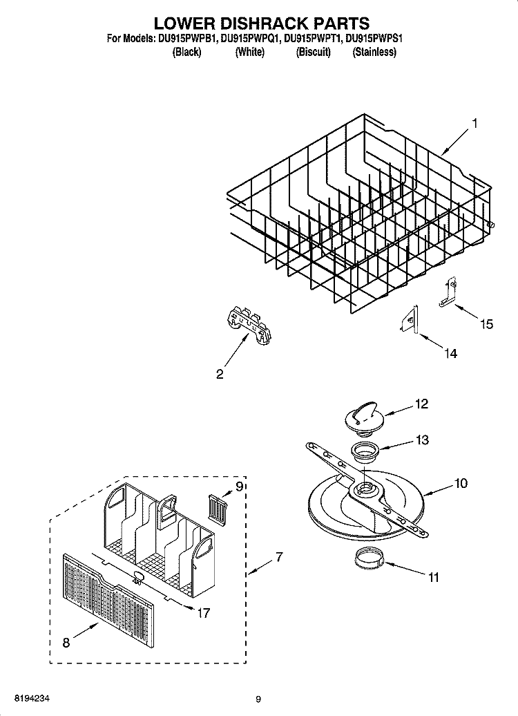 LOWER DISHRACK PARTS, OPTIONAL PARTS Diagram and Parts List for DU915PWPT1  Whirlpool Dishwasher