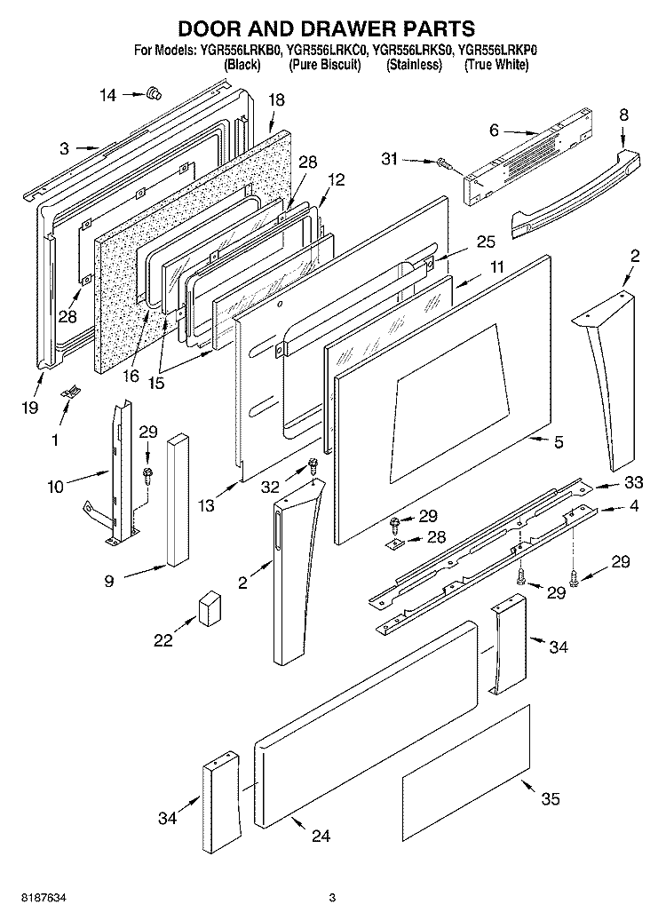 DOOR AND DRAWER PARTS Diagram and Parts List for YGR556LRKC0  Whirlpool Range