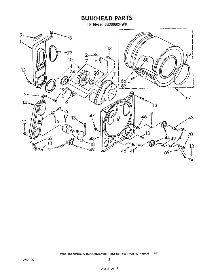 BULKHEAD Diagram and Parts List for LG3006XPW0  Whirlpool Dryer