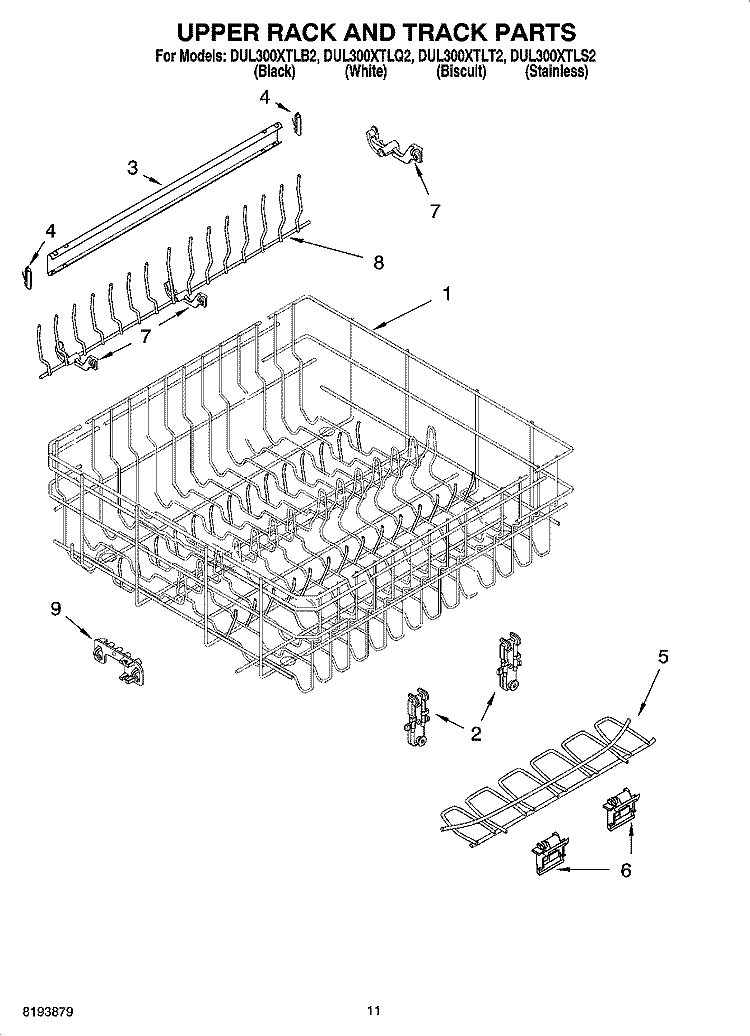 UPPER RACK AND TRACK PARTS Diagram and Parts List for DUL300XTLS2  Whirlpool Dishwasher