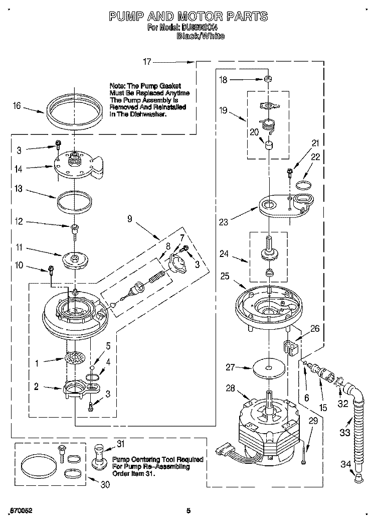 PUMP AND MOTOR Diagram and Parts List for DU8550XX4  Whirlpool Dishwasher